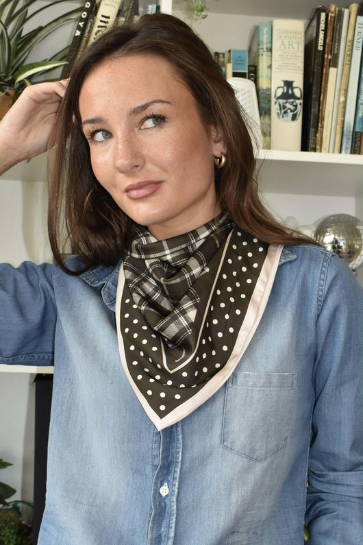 Plaid & Polka Border Triangle Silk Neckerchief Deep Khaki